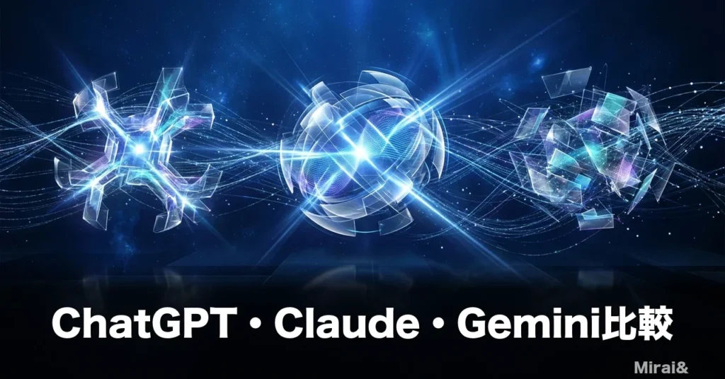 ChatGPT・Claude・Geminiを業務で比較する記事のアイキャッチ。ディープブルーの空間に3つの光るデータノードが浮かぶ未来的なビジュアル