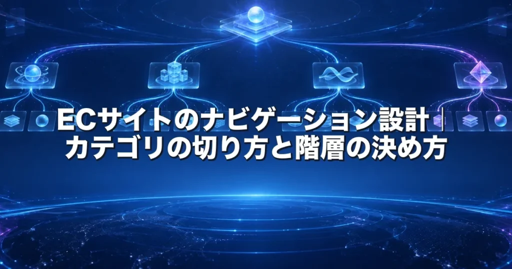 ECサイトのナビゲーション設計を表すアイキャッチ。トップから商品カテゴリ、その下の商品一覧へ枝分かれする階層構造を、ディープブルーの光のラインで俯瞰的に表現している