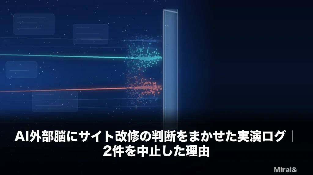 検証ゲートの手前で2本のデータラインが止まり、ゲートの先が空白のまま残っている抽象図。AI外部脳に任せたサイト改修2件が実行前の検証で中止になったことを象徴している