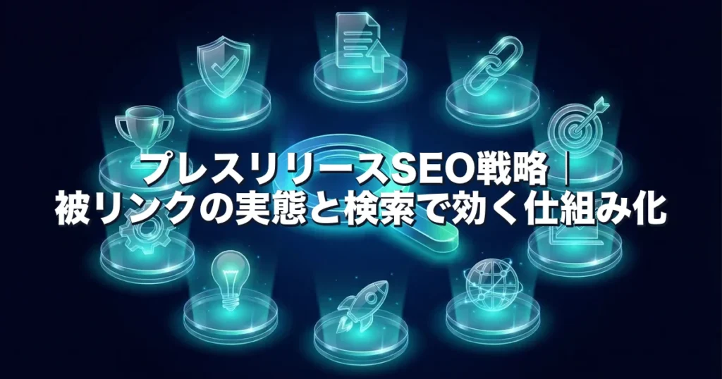 検索の虫眼鏡を中心に、リンク・文書・目標・成長グラフのアイコンが円形に並ぶディープブルーの画像に、記事タイトル「プレスリリースSEO戦略｜被リンクの実態と検索で効く仕組み化」を重ねたアイキャッチ
